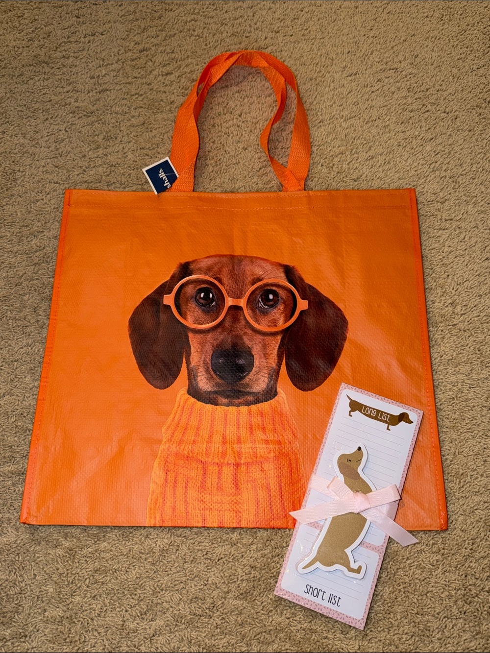 Orange Dachshund Graphic Tote Bag with Glasses Design